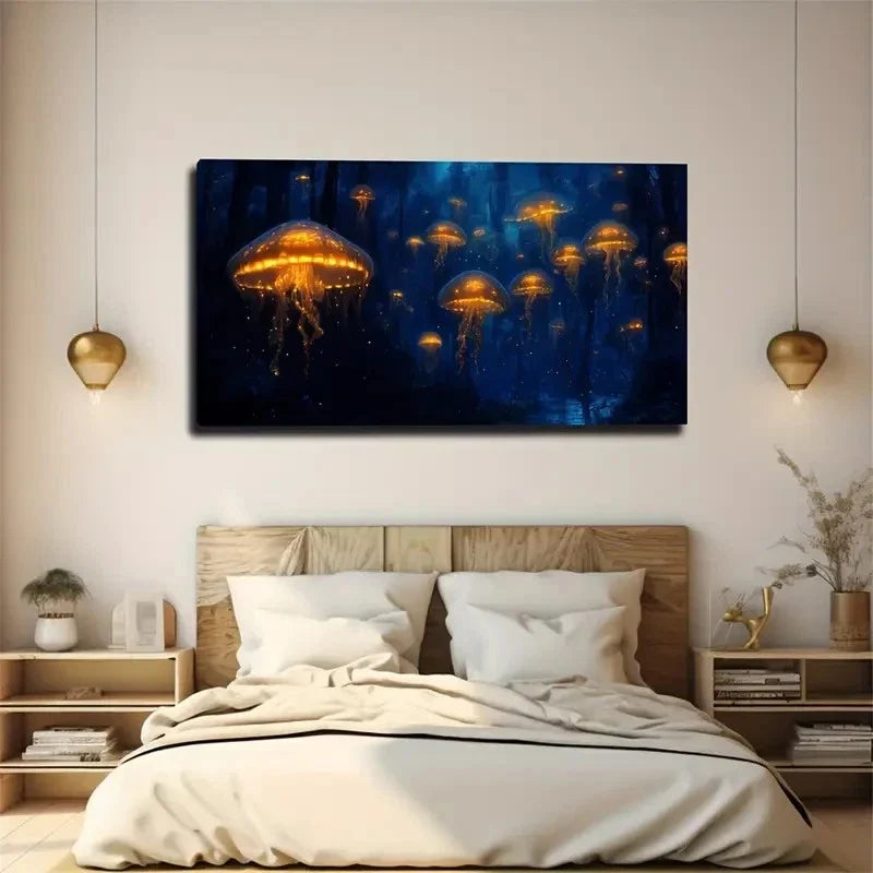 Bioluminescent Mushroom Forest Wall Art Canvas Office Home Room Framed 120x60cm