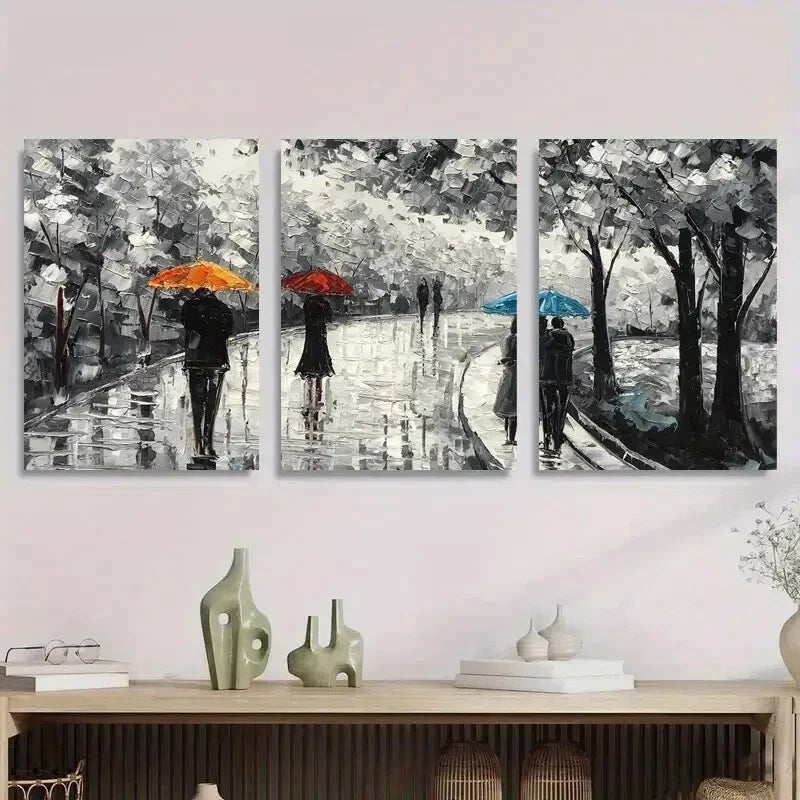 3pcs Black and White Rainy Umbrella Metal Print Ready to Hang Art