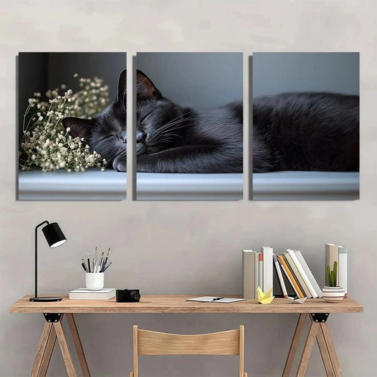 3pcs Black Cat Sleeping Retro Farmhouse Style Metal Print Ready to Hang Art