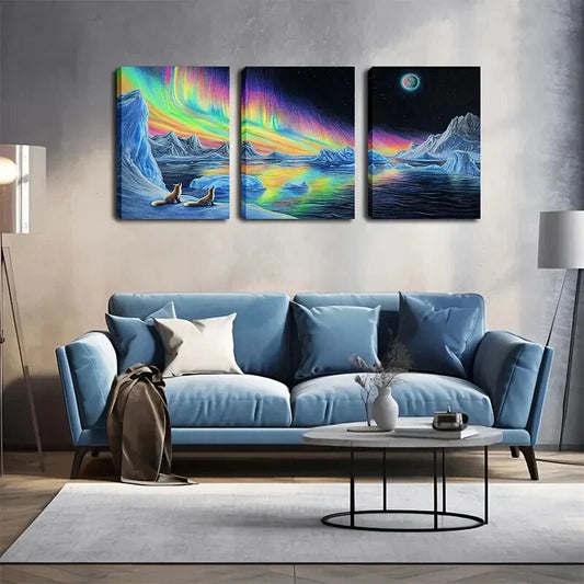 3pcs Two Foxes Sitting On Ice In Vivid Style Wall Art Set Canvas Framed 40x60cm - High Quality Print 100% Australian Made Wall Canvas Ready to Hang