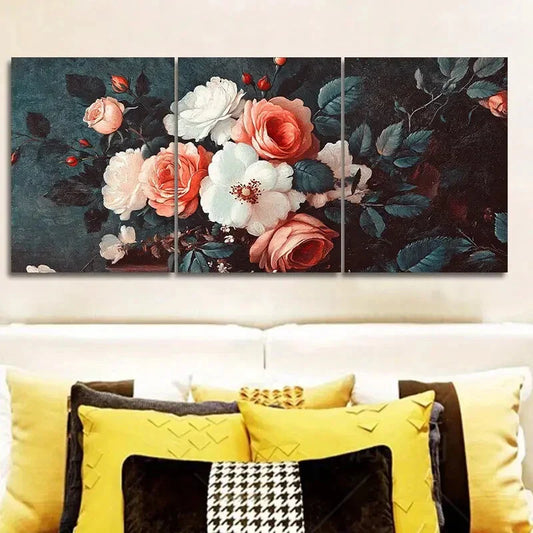 3pcs Oil Paintings of Pink And White Roses Metal Print Ready to Hang Art