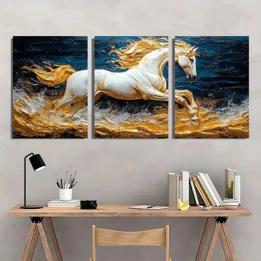 3pcs Golden Horse Elegant Animal Themed Metal Print Ready to Hang Art