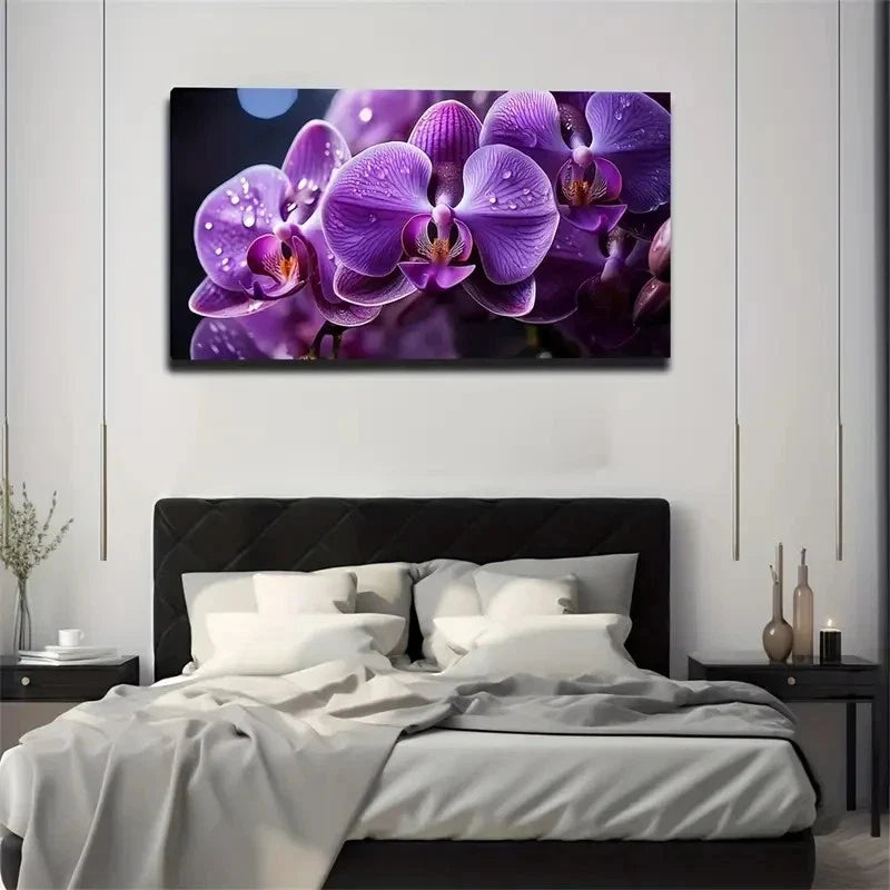 Vibrant Purple Orchid Design Wall Art Canvas Office Home Room Framed 80x45cm