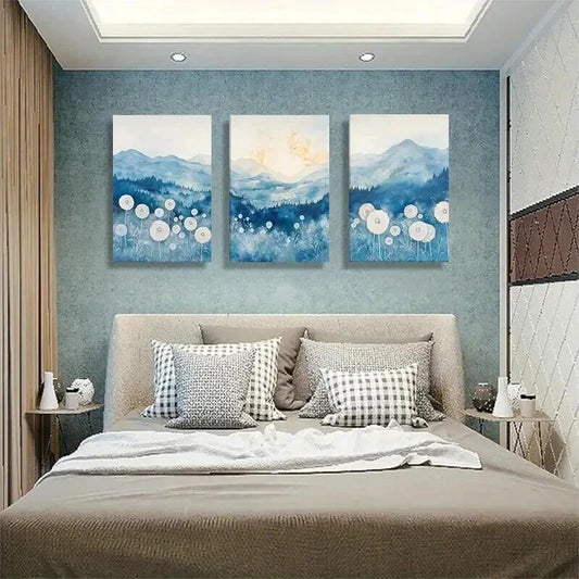 3pcs Blue White Mountain and Dandelion Field Wall Art Set Canvas Framed 40x60cm - High Quality Print 100% Australian Made Wall Canvas Ready to Hang