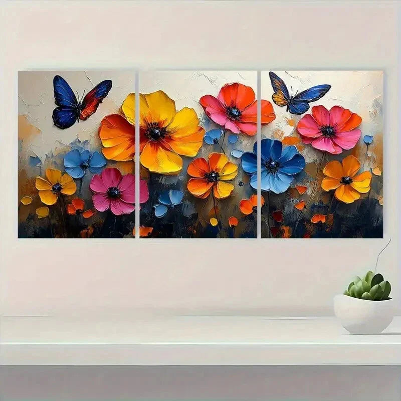 3pcs Vibrant Floral & Butterfly Modern Abstract Metal Print Ready to Hang Art