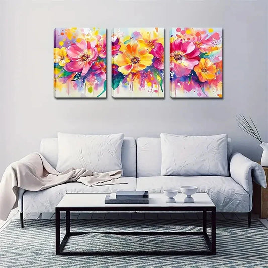 3pcs Bright Colors Splash Flower Wall Art Set Canvas Framed 40x60cm - High Quality Print 100% Australian Made Wall Canvas Ready to Hang