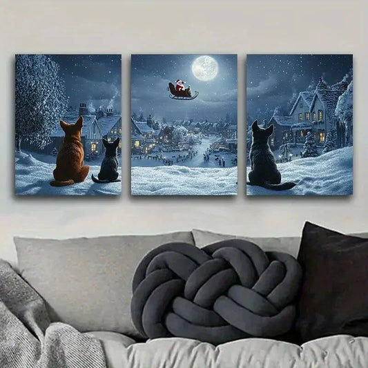 3pcs The dog looks at Santa Claus Metal Print Ready to Hang Art