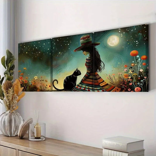 3pcss The Woman Is Next To The Cat Wall Art Set Canvas Framed 40x60cm - High Quality Print 100% Australian Made Wall Canvas Ready to Hang