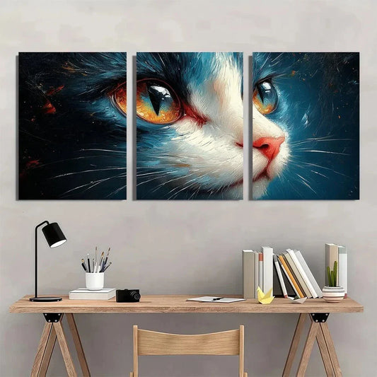3pcs Abstract Cat Murals Stunning Golden Eyes Metal Print Ready to Hang Art
