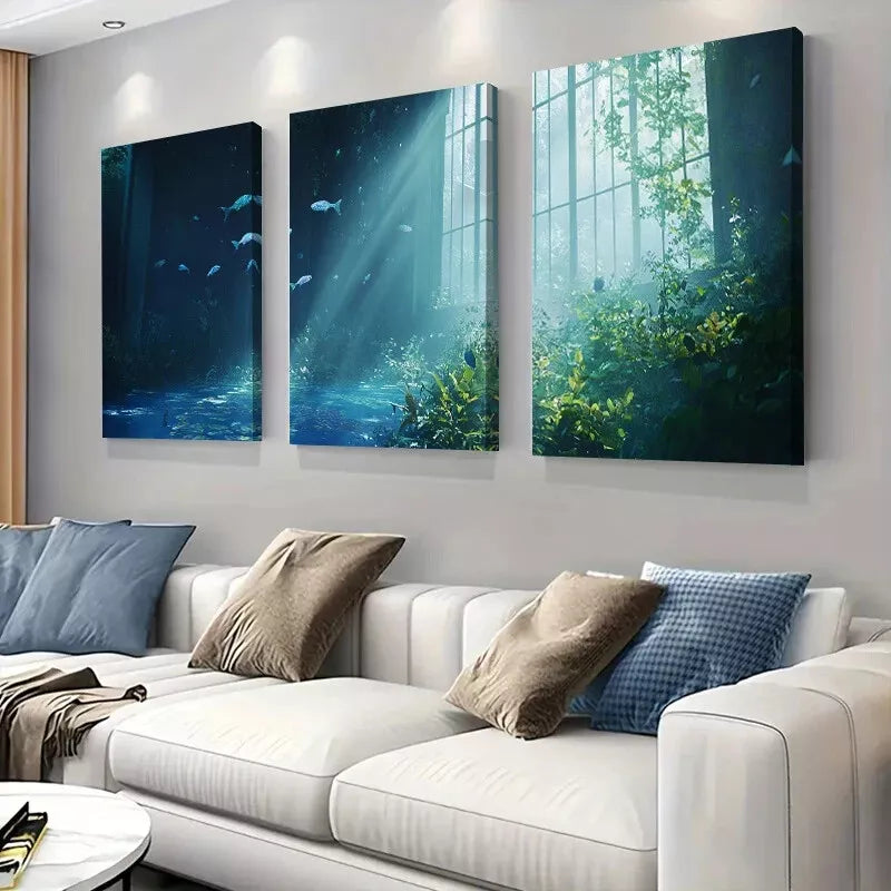 3pcs Tranquil Underwater Scene with Light Rays Wall Wall Art Set Canvas Framed 40x60cm - High Quality Print 100% Australian Made Wall Canvas Ready to Hang