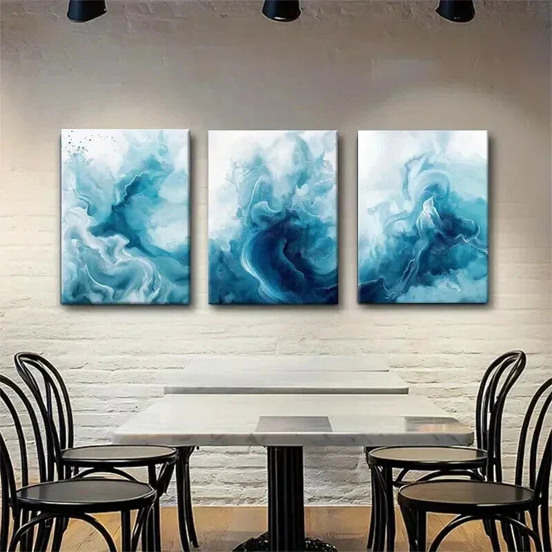 3pcs Deep Blue and Aqua Watercolor Design Wall Art Set Canvas Framed 40x60cm - High Quality Print 100% Australian Made Wall Canvas Ready to Hang