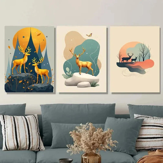 3pcs Modern Deer Forest Elegant Nature Golden Wall Art Set Canvas Framed 40x60cm - High Quality Print 100% Australian Made Wall Canvas Ready to Hang