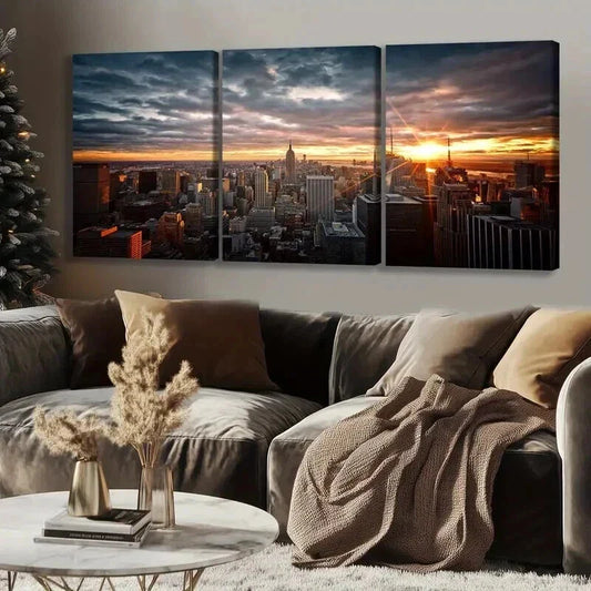 3pcs Vibrant Cityscape Skyscraper Sunset Wall Art Set Canvas Framed 40x60cm - High Quality Print 100% Australian Made Wall Canvas Ready to Hang