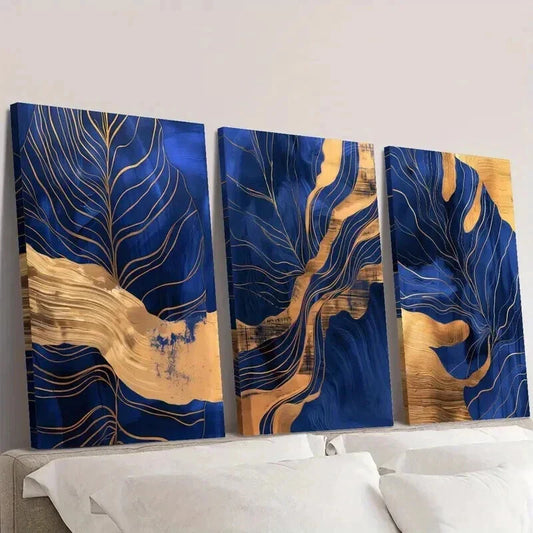 3pcs Blue and Golden Leaf and Turtle Design Wall Art Set Canvas Framed 40x60cm - High Quality Print 100% Australian Made Wall Canvas Ready to Hang