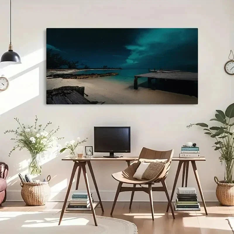 Night Sky & Ocean Scenery Wall Art Canvas Office Home Room Framed 120x60cm