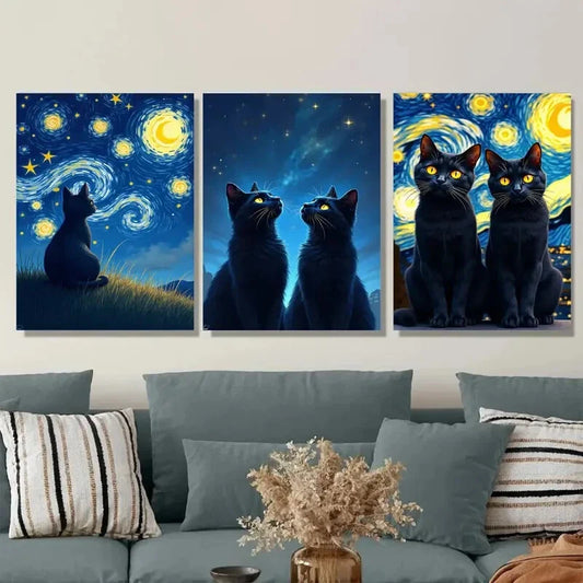 3pcs Starry Night Black Cats Yellow Swirls Wall Art Set Canvas Framed 40x60cm - High Quality Print 100% Australian Made Wall Canvas Ready to Hang