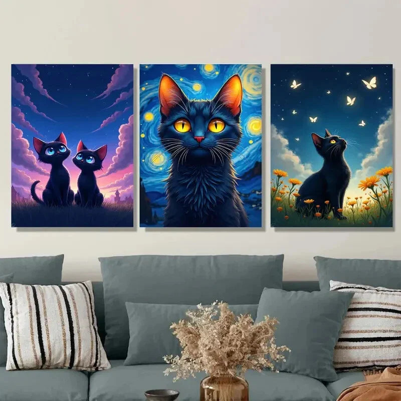 3pcs Starry Night Cat Triptych Black Cats Metal Print Ready to Hang Art