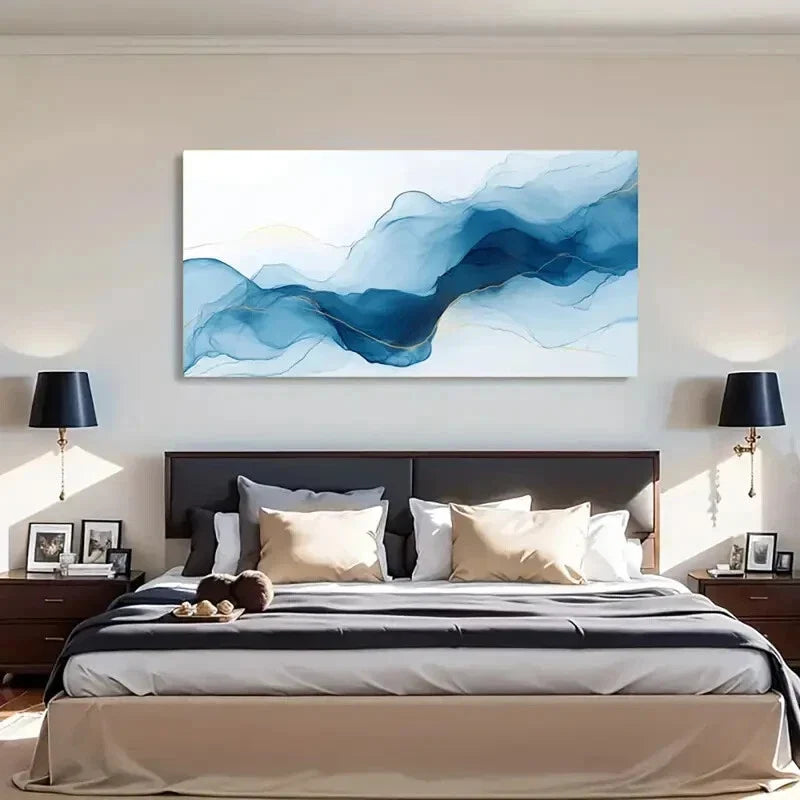 Blue White Bold Strokes Wave Wall Art Canvas Office Home Room Framed 80x45cm