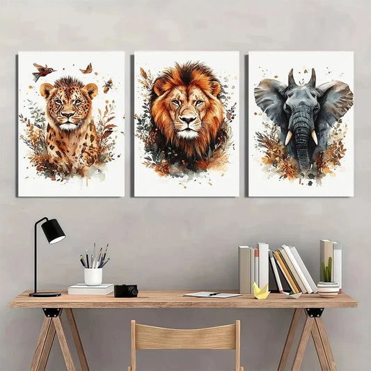 3pcs Animal Lions Elephants Giraffes Metal Print Ready to Hang Art