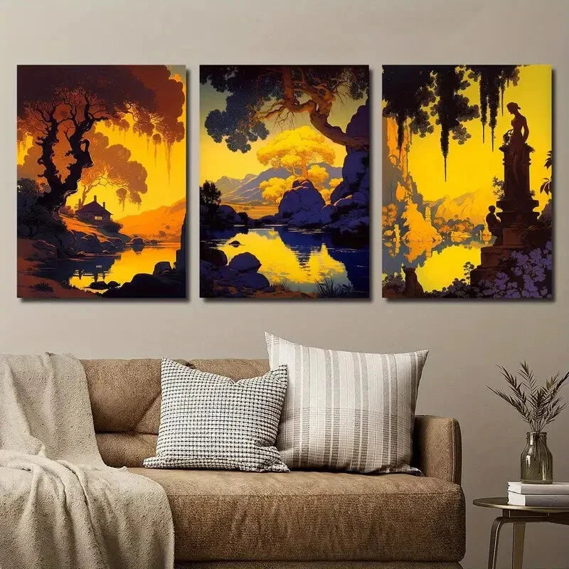 3pcs Mountain Lake Forest Nature Yellow Statue Wall Art Set Canvas Framed 40x60cm - High Quality Print 100% Australian Made Wall Canvas Ready to Hang