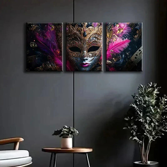 3pcs Gorgeous Venetian Masks Dark Perfect Wall Art Set Canvas Framed 40x60cm - High Quality Print 100% Australian Made Wall Canvas Ready to Hang