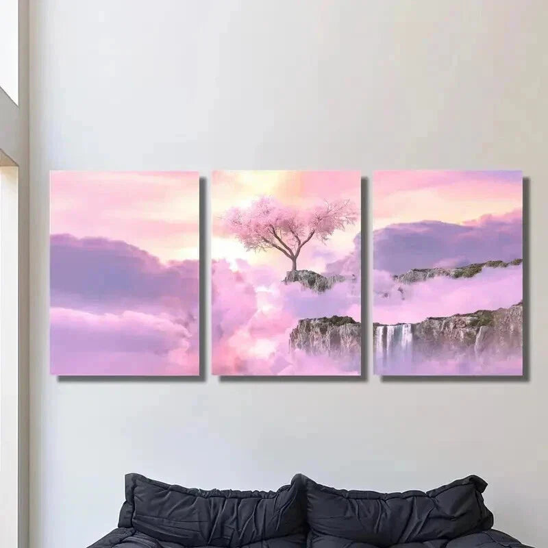 3pcs Waterfalls and Pink Cherry Blossoms Wall Art Set Canvas Framed 40x60cm - High Quality Print 100% Australian Made Wall Canvas Ready to Hang