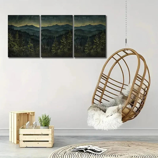 3pcs Dark Forest Mountain Range Triptych Wall Art Set Canvas Framed 40x60cm - High Quality Print 100% Australian Made Wall Canvas Ready to Hang