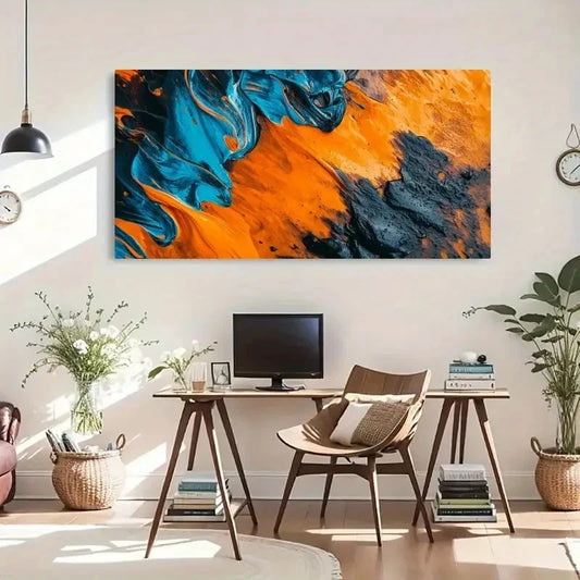 Teal & Orange Swirling Abstract Wall Art Canvas Office Home Room Framed 120x60cm