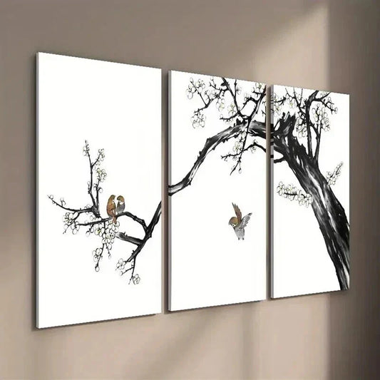 3pcs Bird & Plum Blossom Illustration Wall Art Set Canvas Framed 40x60cm - High Quality Print 100% Australian Made Wall Canvas Ready to Hang