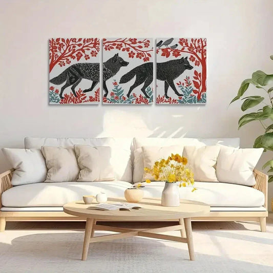 3pcs Black and Red Forest With Three Wolves Metal Print Ready to Hang Art