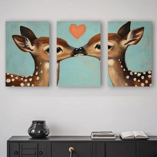 3pcs Sweet Deer Kissing with Red Heart Design Metal Print Ready to Hang Art