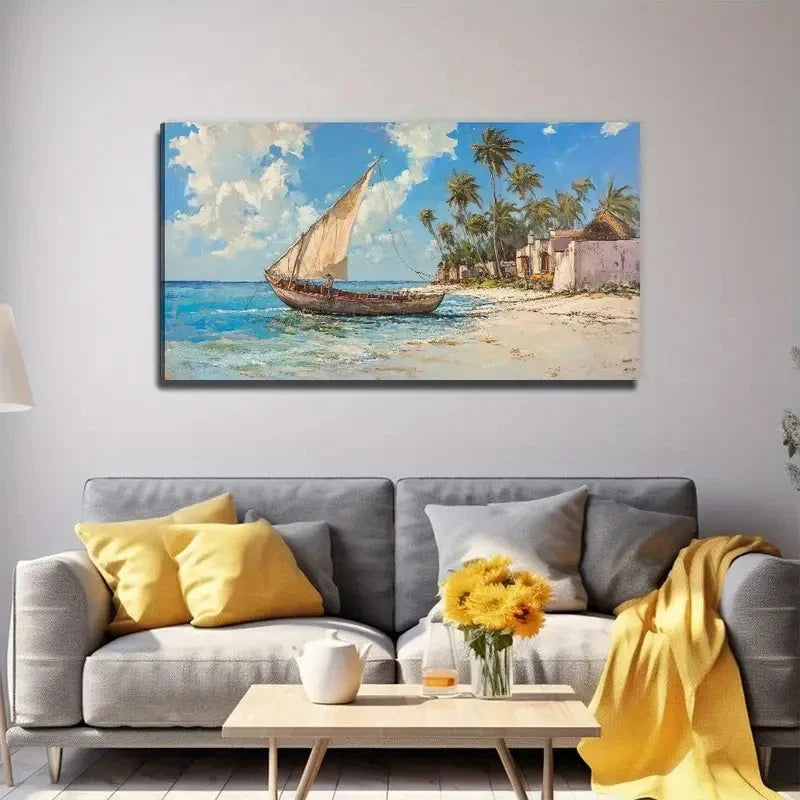 Sailboats By The Shore Measure Wall Art Canvas Office Home Room Framed 80x45cm