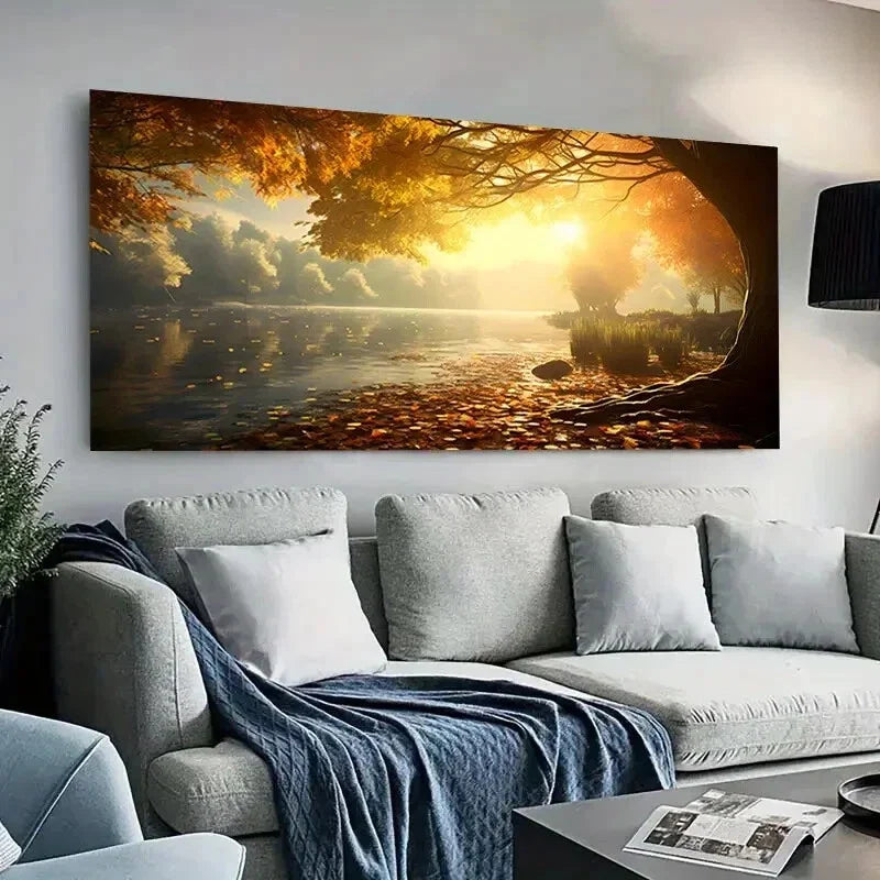 Vibrant Fall Foliage Lakeside Wall Art Canvas Office Home Room Framed 120x60cm