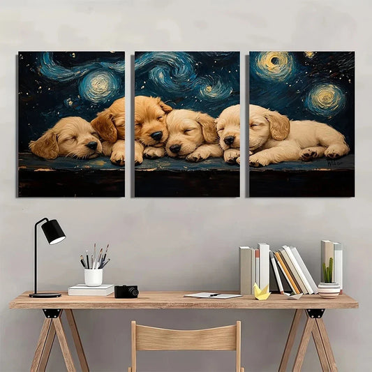 3pcs Starry Night Puppy Vintage Rustic Metal Print Ready to Hang Art