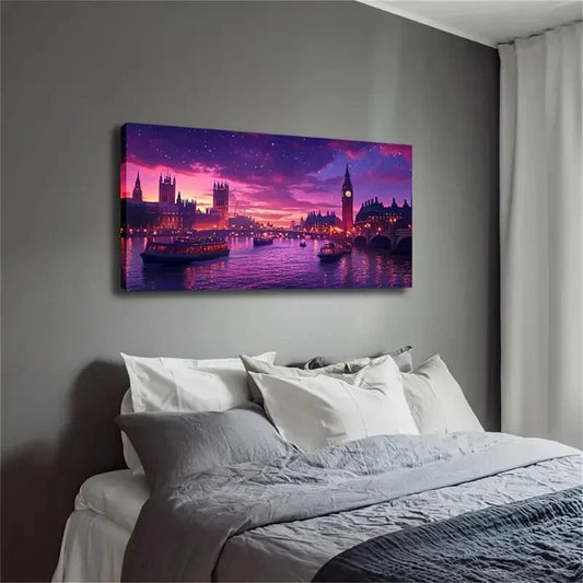Purple Sky Cityscape with High Wall Art Canvas Office Home Room Framed 120x60cm