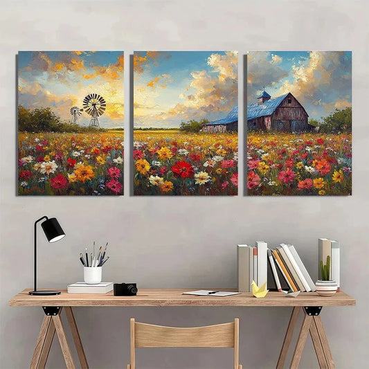 3pcs Vibrant Farm Barn Flower Field Windmill Metal Print Ready to Hang Art