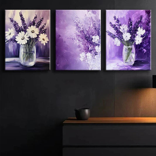 3pcs Purple Themed White Florals Metal Print Ready to Hang Art