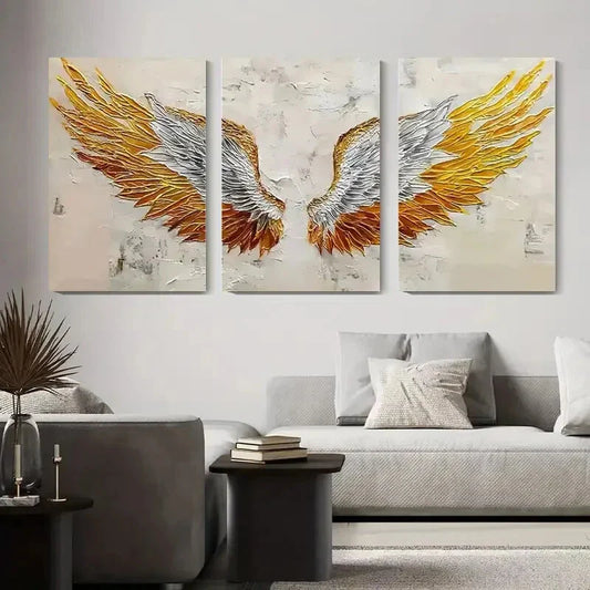 3pcs Golden & White Feathered Wings Metal Print Ready to Hang Art