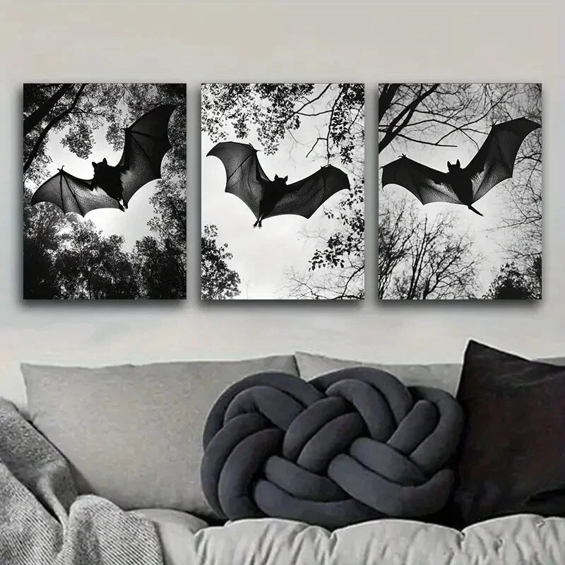 3pcs Black Bats Flying Trees Black & White Themed Metal Print Ready to Hang Art