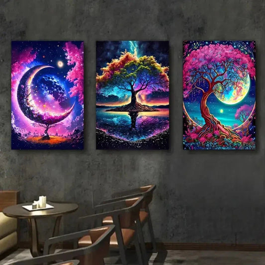 3pcs Mystical Moonlit Tree Fantasy Night Sky Metal Print Ready to Hang Art