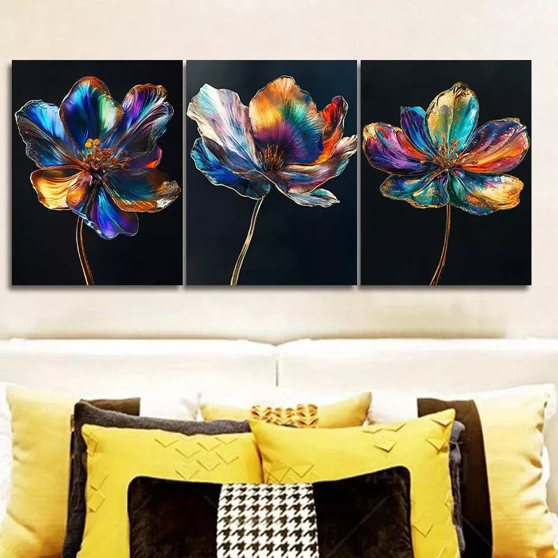 3pcss Modern Art Deco Metallic Flowers Wall Art Set Canvas Framed 40x60cm - High Quality Print 100% Australian Made Wall Canvas Ready to Hang