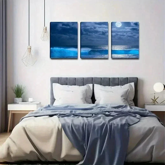 3pcs Glowing Ocean Waves & Moonlit Night Scene Wall Art Set Canvas Framed 40x60cm - High Quality Print 100% Australian Made Wall Canvas Ready to Hang
