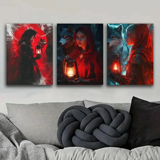 3pcs The Red Girl and the Wolf Darkness Wall Art Set Canvas Framed 40x60cm - High Quality Print 100% Australian Made Wall Canvas Ready to Hang