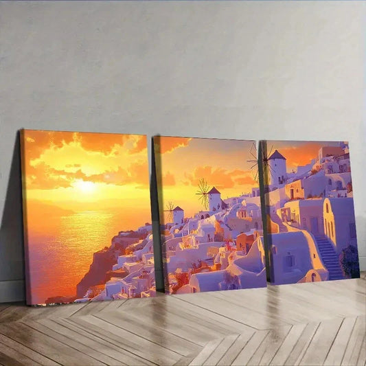 3pcs Beautiful Santorini Sunset View Perfect Wall Art Set Canvas Framed 40x60cm - High Quality Print 100% Australian Made Wall Canvas Ready to Hang