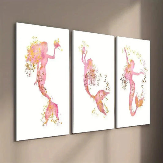 3pcs Pink and Golden Mermaid Wall Art Set Canvas Framed 40x60cm - High Quality Print 100% Australian Made Wall Canvas Ready to Hang