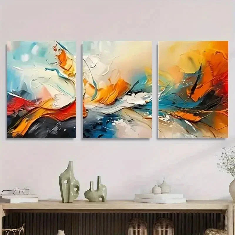 3pcs Abstract Colorful Orange Blue & Black Swirls Metal Print Ready to Hang Art