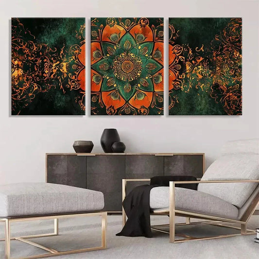 3pcs Orange and Green Mandala Flower Perfect Wall Art Set Canvas Framed 40x60cm - High Quality Print 100% Australian Made Wall Canvas Ready to Hang