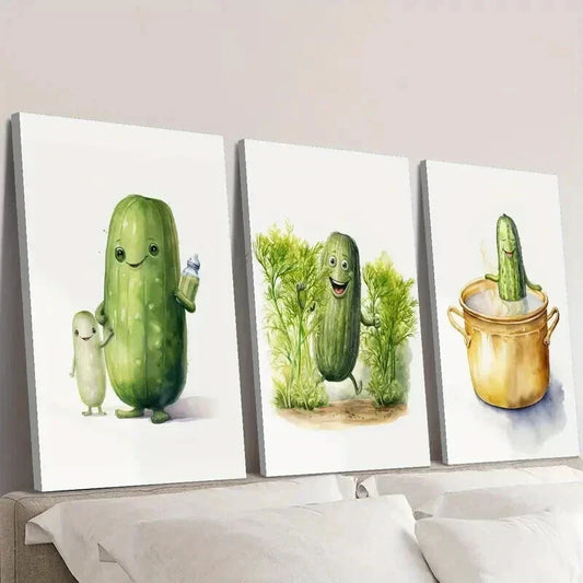 3pcs Cartoon Cucumber Watercolor Painting Wall Art Set Canvas Framed 40x60cm - High Quality Print 100% Australian Made Wall Canvas Ready to Hang