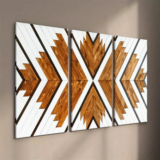 3pcs Geometric Wood Decor Wall Art Set Canvas Framed 40x60cm - High Quality Print 100% Australian Made Wall Canvas Ready to Hang