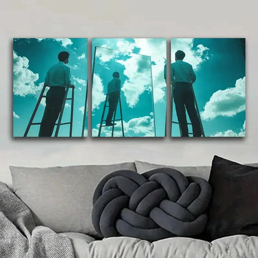3pcs Surreal Film Triptych with Ladder & Sky Metal Print Ready to Hang Art